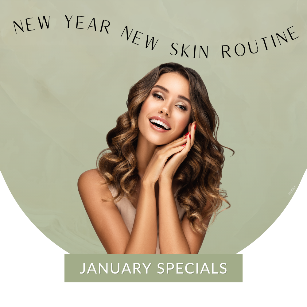 Woman with hands on face with text that reads (New Year New Skin Routine" (model)