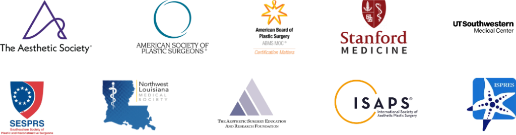 Dr. Simeon Wall Jr. Credentials including The Aesthetic Society, American Society of Plastic Surgeons, American Board of Plastic Surgery, Stanford Medicine, UT Southwestern Medical Center, Southeastern Society of Plastic and Reconstructive Surgeons, Northwest Louisiana Medical Society, The Aesthetic Surgery Education and Research Foundation, International Society of Aesthetic Plastic Surgery, and International Society of Plastic Regenerative Surgeons