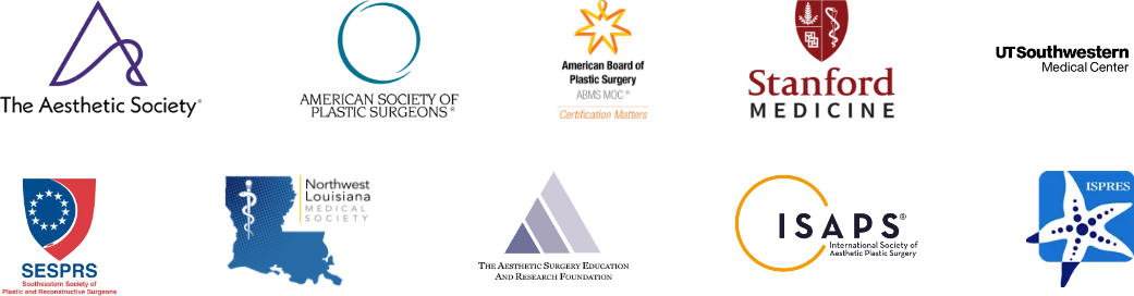 Dr. Simeon Wall Jr. Credentials including The Aesthetic Society, American Society of Plastic Surgeons, American Board of Plastic Surgery, Stanford Medicine, UT Southwestern Medical Center, Southeastern Society of Plastic and Reconstructive Surgeons, Northwest Louisiana Medical Society, The Aesthetic Surgery Education and Research Foundation, International Society of Aesthetic Plastic Surgery, and International Society of Plastic Regenerative Surgeons