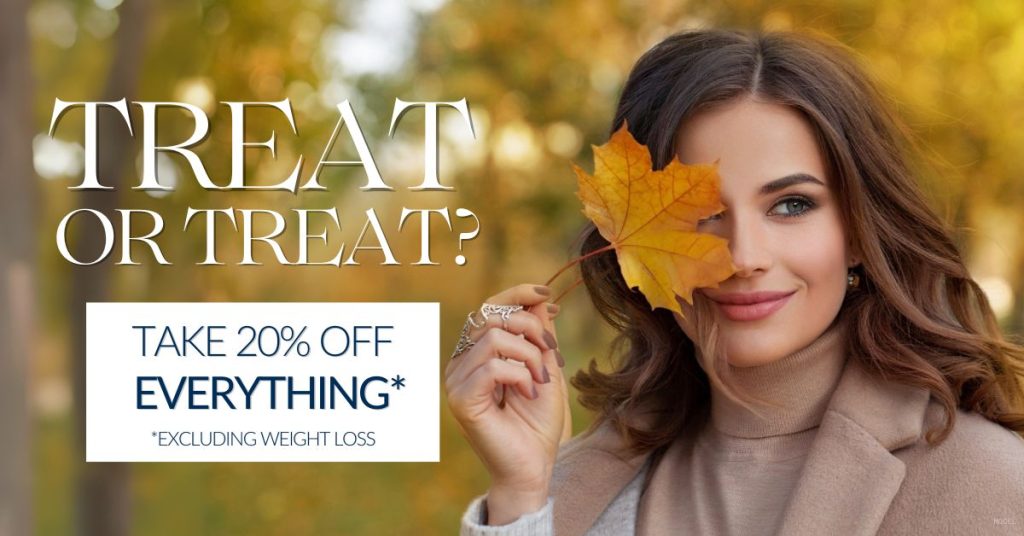 Woman with autumn leaf and text ‘Treat or Treat Take 20 percent off everything excluding weight loss’. (Model)