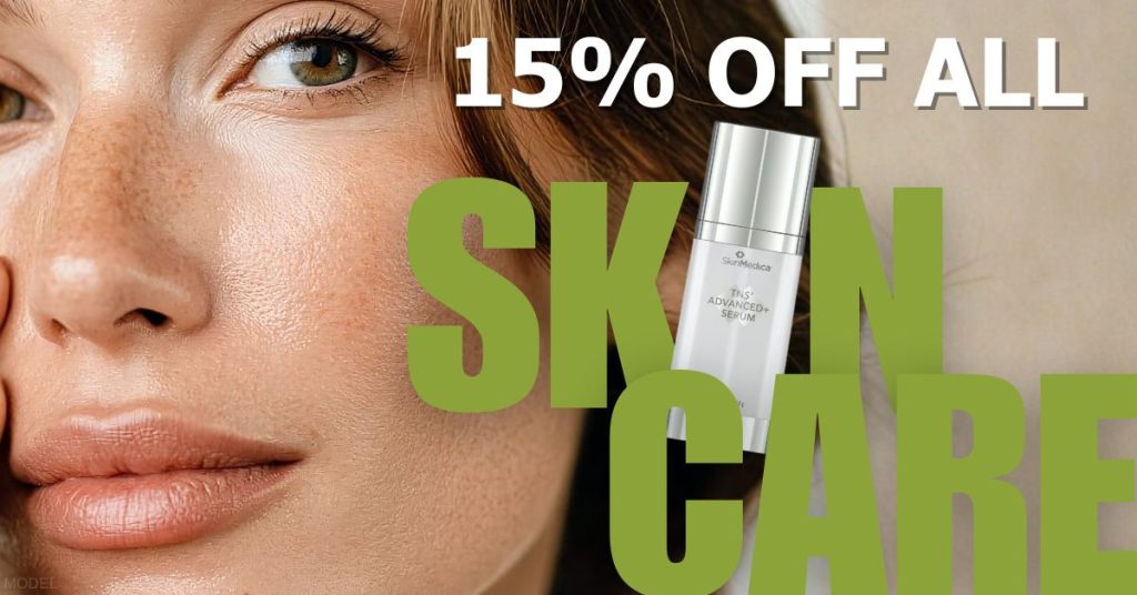 15% off all skincare with model image.