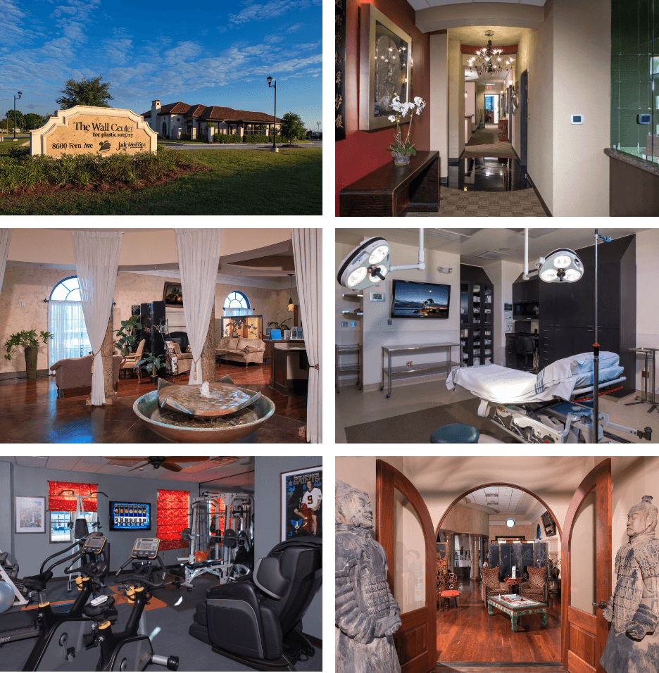 The Wall Center for Plastic Surgery facility featuring the exterior building, elegant interior hallways, spa waiting area with fountain, surgical suite, fitness room, and Asian-inspired entryway with terracotta warriors.