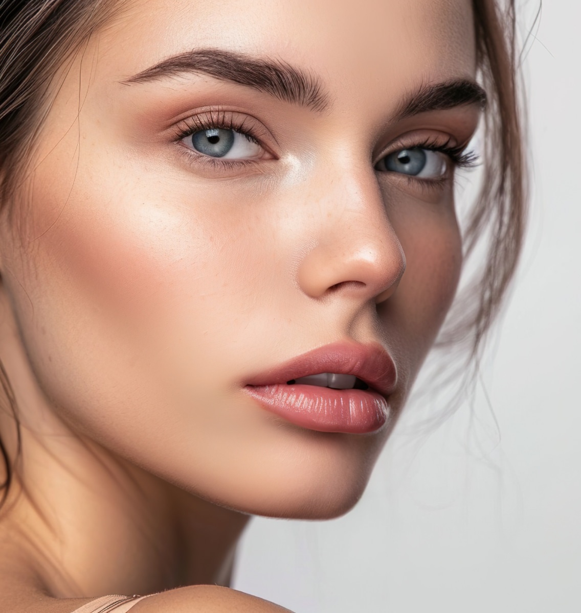 Close-up portrait of a woman with blue eyes, natural makeup, and full lips highlighting smooth, glowing skin