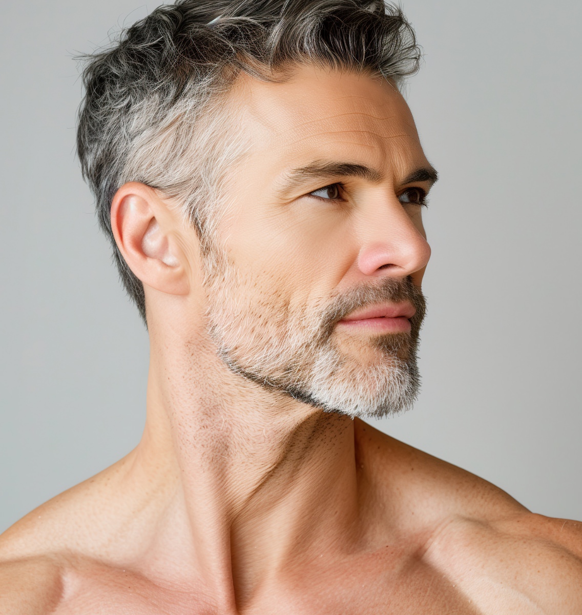 Middle-aged man with salt-and-pepper hair and beard shown in profile view with a defined jawline