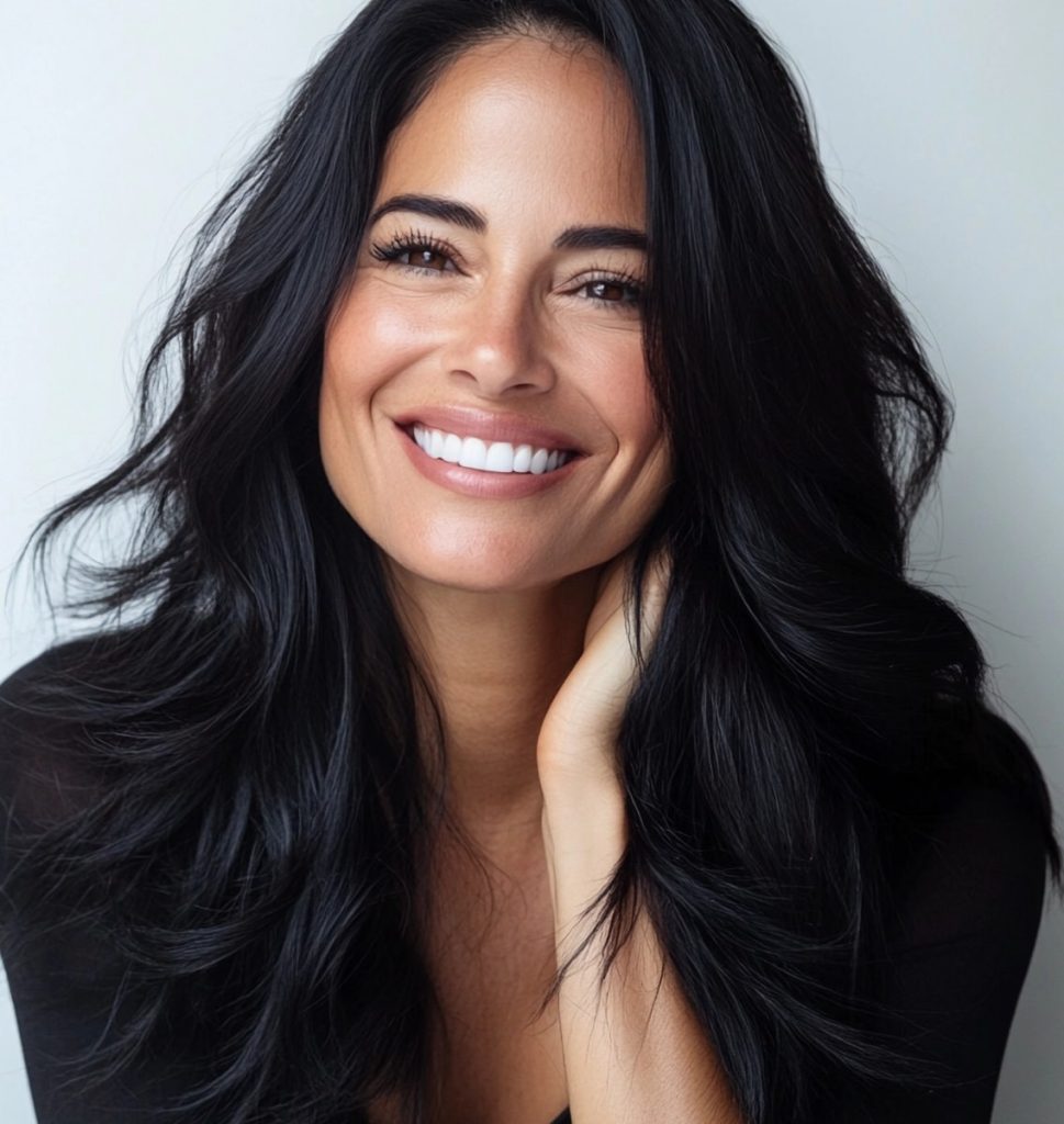 Smiling woman with long dark hair and radiant skin posing with her hand near her neck