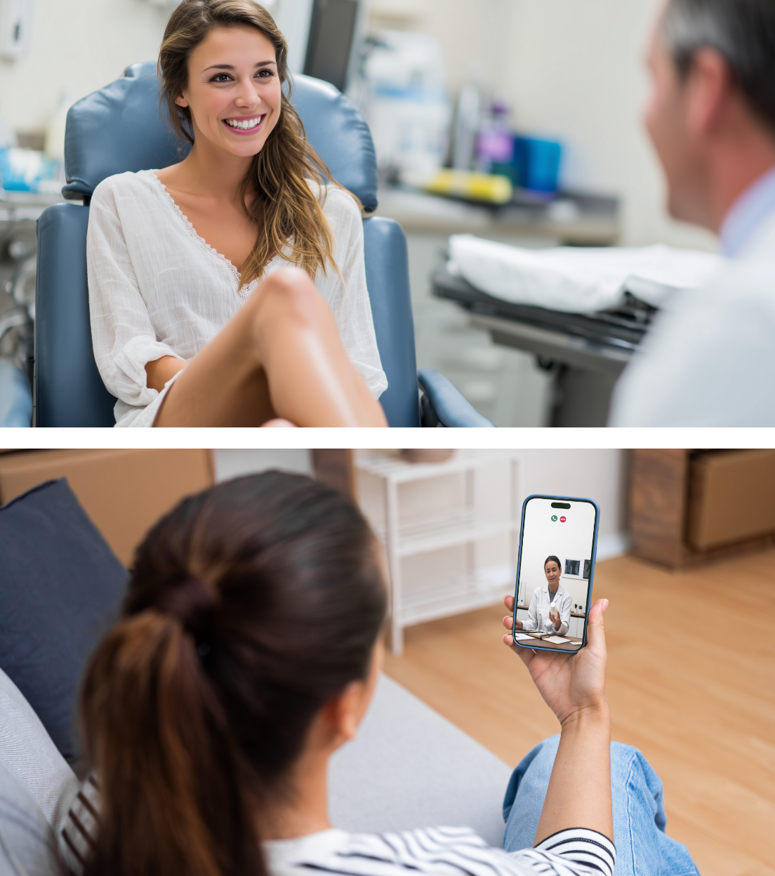 Patient doing an in person consultation and online consultation 