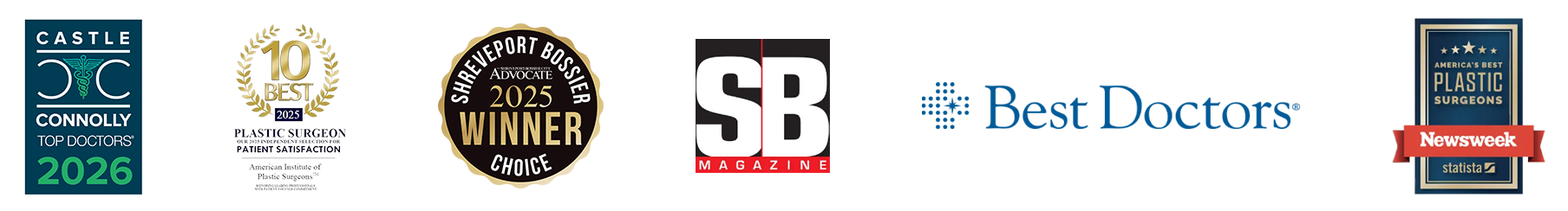 Castle Connolly Top Doctors 2026, 10 Best 2025 Plastic Surgeon Patient Satisfaction, Shreveport Bossier Advocate 2025 Winner Choice, SB Magazine, Best Doctors, America’s Best Plastic Surgeons Newsweek Statista