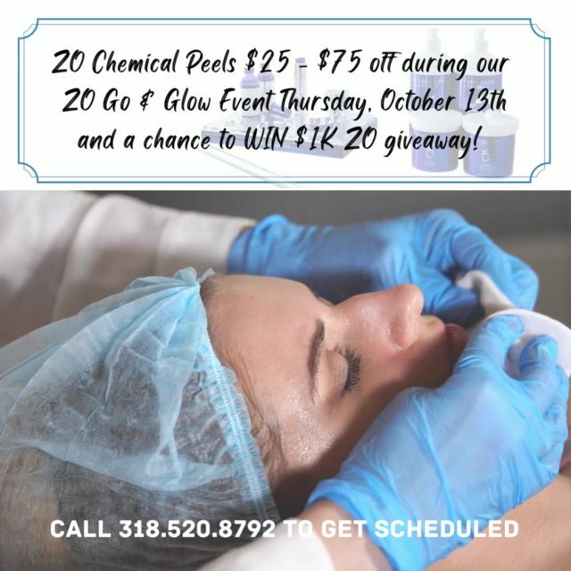 Combat the signs of aging and skin discoloration with a ZO Chemical Peel! Reserve your spot for our ZO Go & Glow Event, October 13th. Look at these savings:

- ZO Stimulator peel; no down time, instant glow with no peeling. $75 - $50 event price
- ZO Stimulator peel topped with Radical Night Repair; glow with sloughing peel. $125 - $75 event price
- ZO 3 Step Peel; general exfoliation for full range of benefits. ex $375 - $300 event price

-Patients get complementary Treatment Plans
-All patients that purchase their full ZO protocol or supplemental products gets 25% OFF
-All peels & purchases are entered in to win $1k ZO Giveaway

#zochemicalpeel