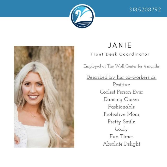 Each month we randomly draw a name to be highlighted as our Employee-Of-The-Month. Janie is so much fun and we are so grateful that she joined our team.