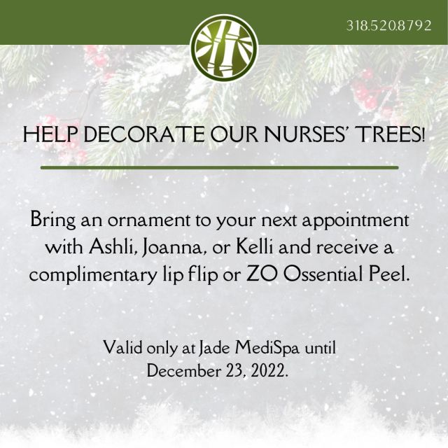 We're full of surprises lately 👀 From now until December 23, if you bring an ornament to decorate Ashli, Joanna, or Kelli's trees, you will receive either a complementary lip flip or ZO Ossential Peel. The competition is on! Let's see whose tree can get the most ornaments! 🎄

#surprise #jademedispa #medispa #christmas #christmastrees #christmasornaments #lipflip #zoossentialpeel #skincare #selfcare #decemberspecial #friendlycompetition #aesthetics #flawless #beautifulskin #shreveport #louisiana