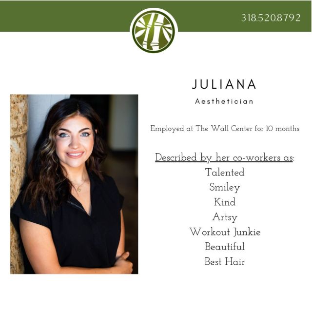 February's employee of the month is Juliana! She joined Jade MediSpa in April of 2022. She is an aesthetician, so you can find her doing Hydrafacials, Moxi, Coolsculpting, and so much more! Call today to schedule an appointment with Juliana! ✨

#jademedispa #employeeofthemonth #aesthetician #hydrafacial #moxi #coolsculpting #laserhairremoval #lasertattooremoval #shreveport #louisiana