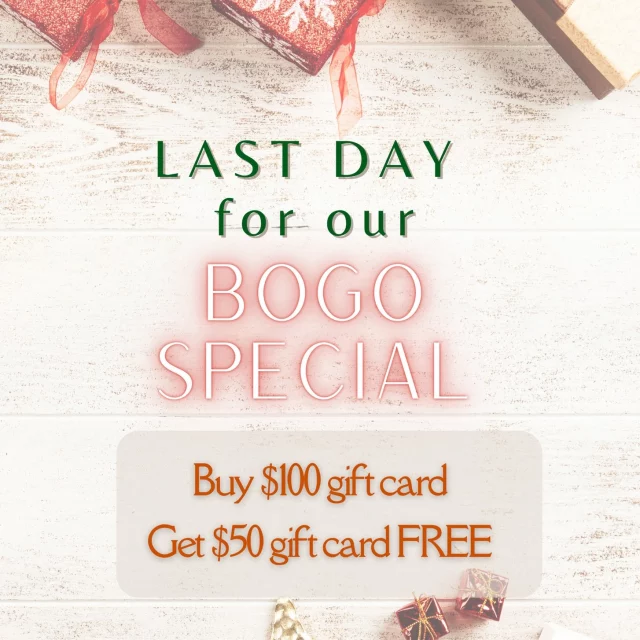 Today is the LAST DAY for our Cyber Monday deal of the year! Purchase on our webpage, over the phone, or in store. Buy $100 gift cards and get $50 gift cards for FREE! NO PURCHASE LIMIT! *Can only be used at our MediSpa.