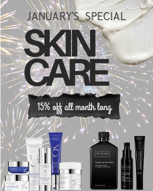 Glow More for Less ✨

Enhance and maintain your med spa results with a daily skincare routine. Stock up on your favorites and enjoy 15% off premium products from trusted brands like Revision®, SkinMedica®, ZO® Skin Health, and more!