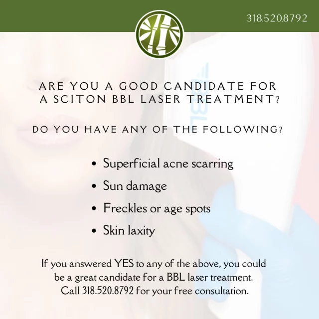 This month only, enjoy 15% OFF all laser packages of three or more sessions. Plus, receive a complimentary SPF or serum to support and protect your results between treatments.

BBL® HERO™
Target sun damage, redness, and pigmentation with this advanced treatment. BBL HERO delivers fast, effective results with minimal downtime while supporting collagen and overall skin rejuvenation.

If you answered "Yes" to having any of the conditions or concerns in the photo, text "BBL me" to 318.523.2722 to schedule a free consultation!